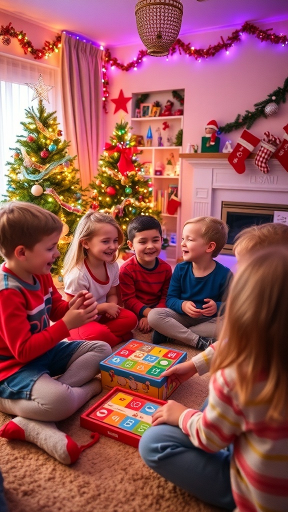 Fun Christmas Games for Kids Children enjoying Christmas games in a decorated living room.